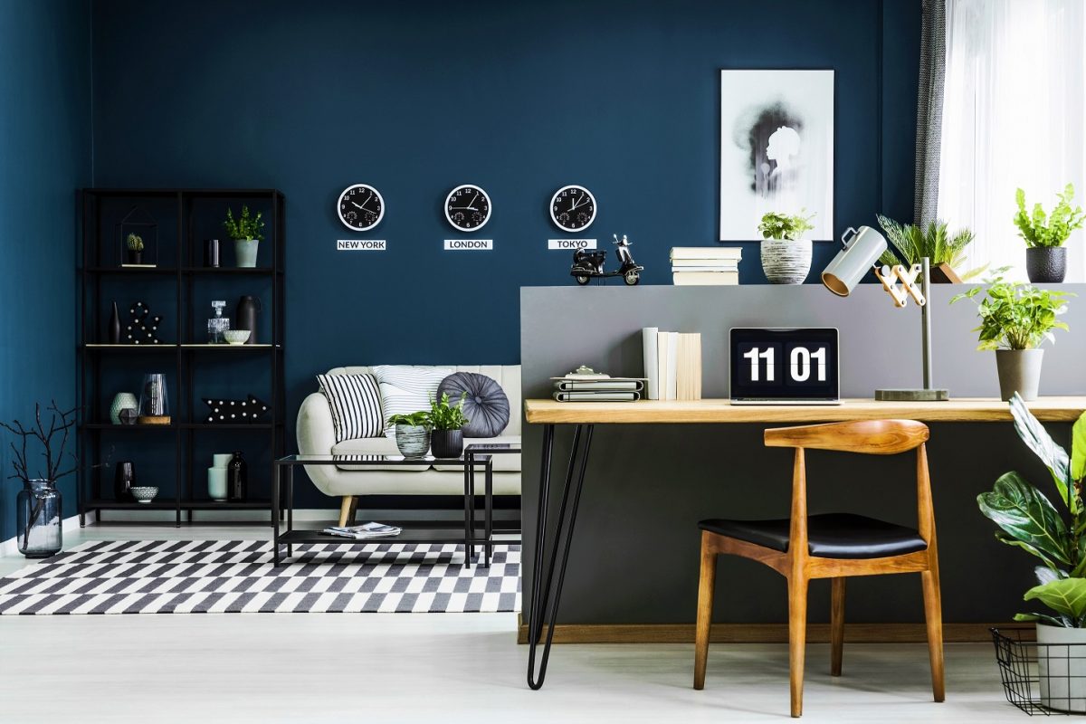 Navy blue home office open space